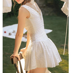 Front Button Hollow Out Embroidery White Tank Dress For Women Sleeveless Low Waist A-line Mini Holiday Summer Dresses