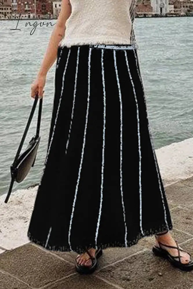 Ingvn - British Style Elegant Striped Tassel Patchwork High Waist Type A Patchwork Bottoms