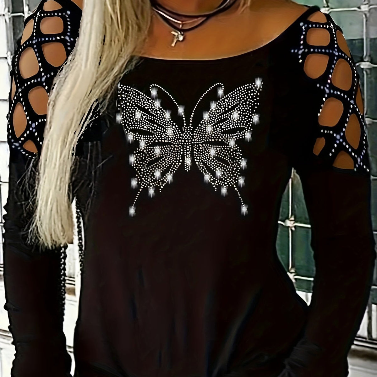 Plus Size Glittery Butterfly Chic Long Sleeve T-shirt - Sparkling Hollow Out Design, Round Neck, Slight Stretch, Comfortable Fit - Y2K Inspired Fashion for Women