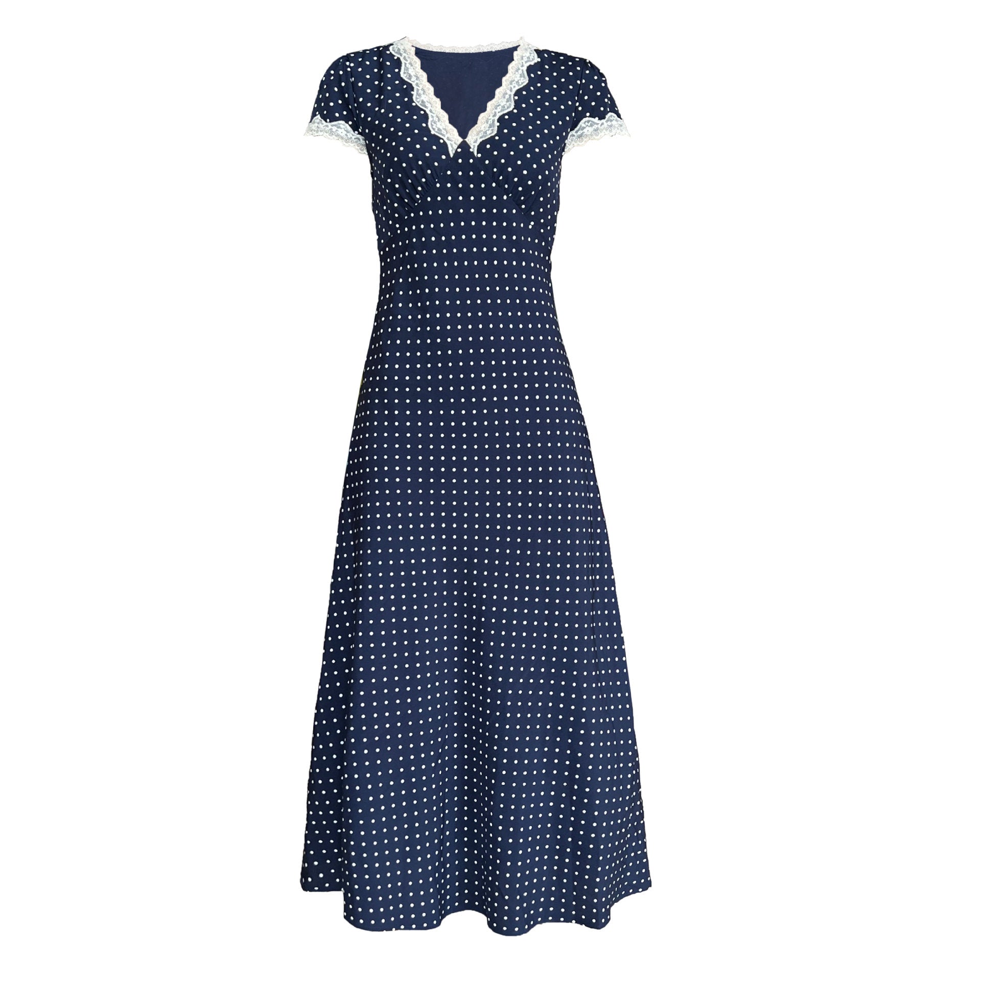 French Style Lace Polyester Fiber Stitching dress Summer V-Neck Elegant Wave Dot Tight Waist