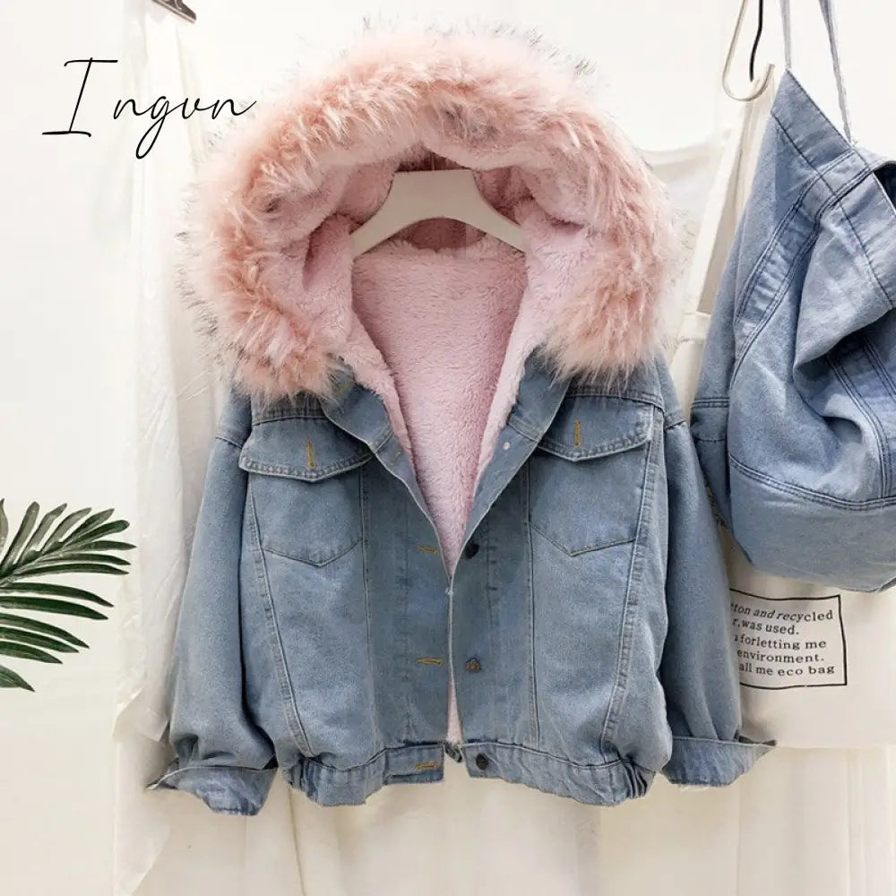 Ingvn - velvet thick denim jacket female winter big faux fur collar Korea denim  coat female student short coat