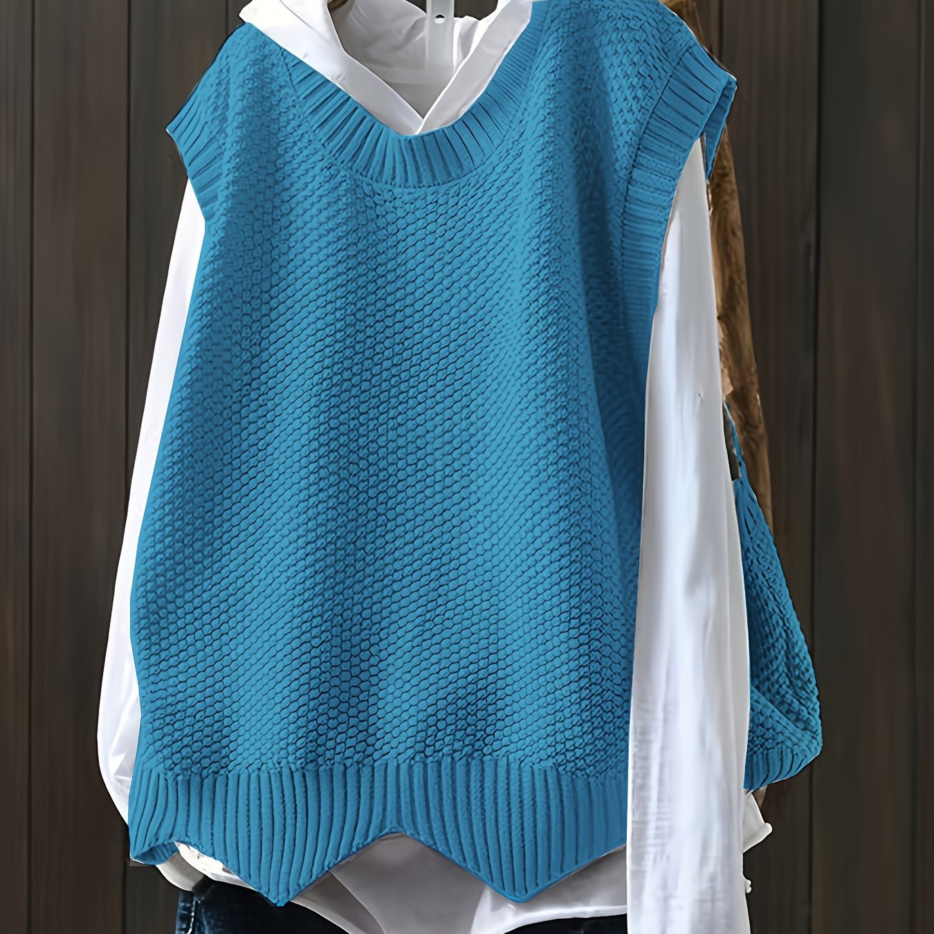 Solid Crew Neck Knitted Vest, Casual Sleeveless Loose Sweater, Women's Clothing