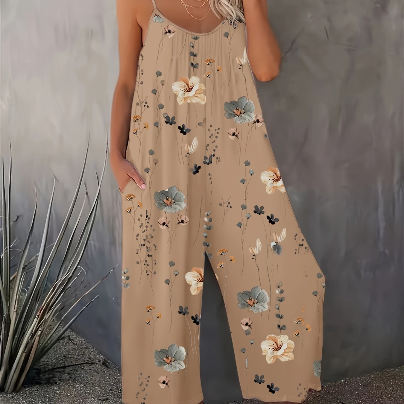 Floral Print Cami Jumpsuit, Casual Sleeveless Jumpsuit With Pockets For Spring & Summer, Women's Clothing