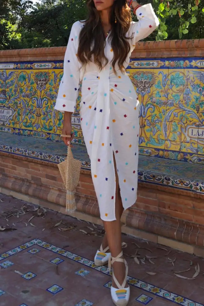 Ingvn - Casual Embroidery Slit V Neck Long Sleeve Dresses