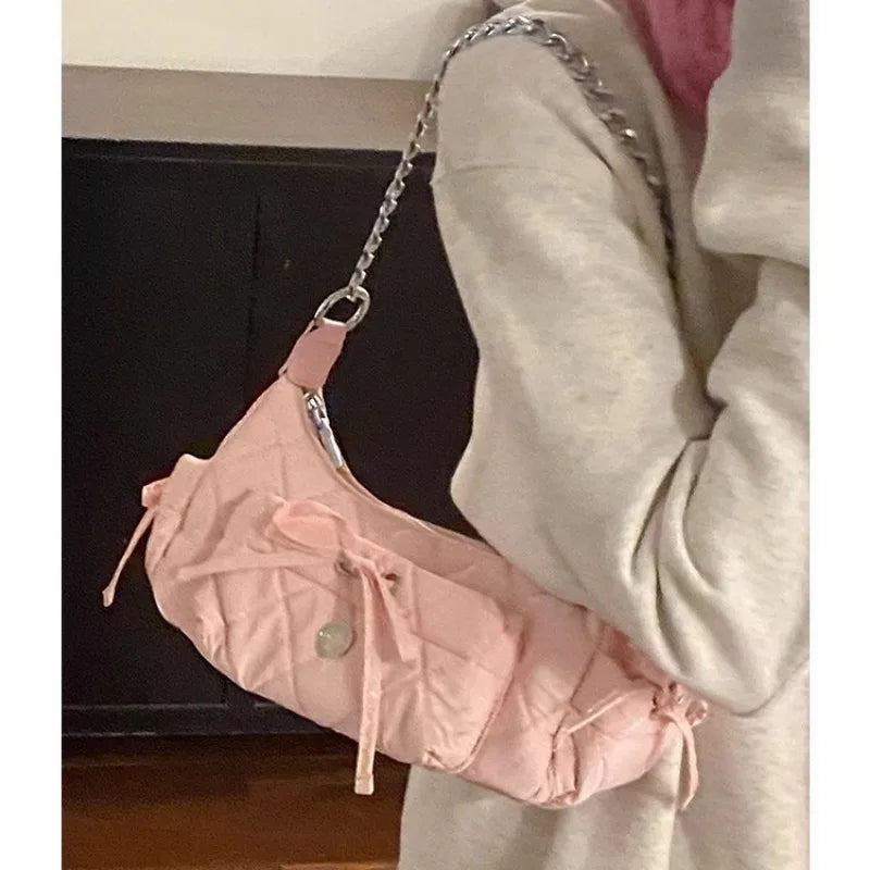 INGVN  Elegant Pink Shoulder Bag for Women Summer Fashion Leather Casual Cute Handbag Chains Hot Girls Daily Gentle Armpit Bag