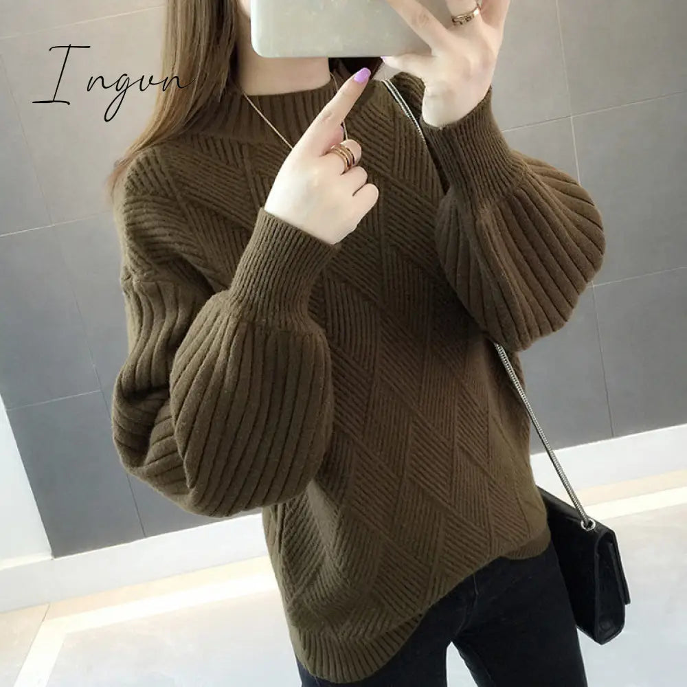 Ingvn - Gifts For Women Half-neck sweater women autumn winter new knitted sweater loose round sweater mujer solid color bat sweater Jumper