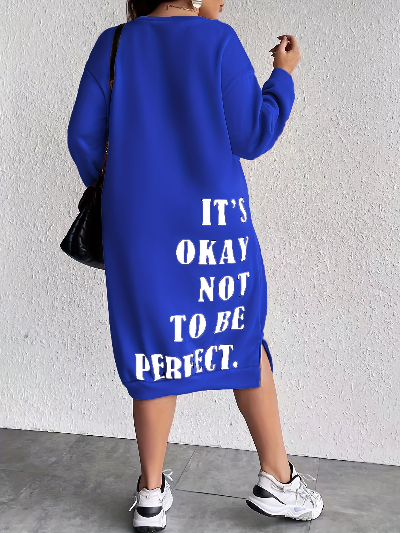 Midi Plus Size Casual Slogan Print Long Sleeve Round Neck Trapeze Sweatshirt Dress - Soft Medium Stretch Polyester Fabric, Loose Fit, Pullover Style, Machine Washable - Weekend Casual Wear for Fall Season