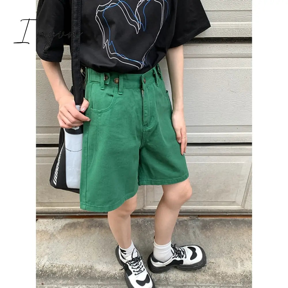 Ingvn - Women's Short Summer High Waist Jeans Baggy Straight Five Points Trousers Streetwear Vintage Mom Denim Wide Leg Short Pants