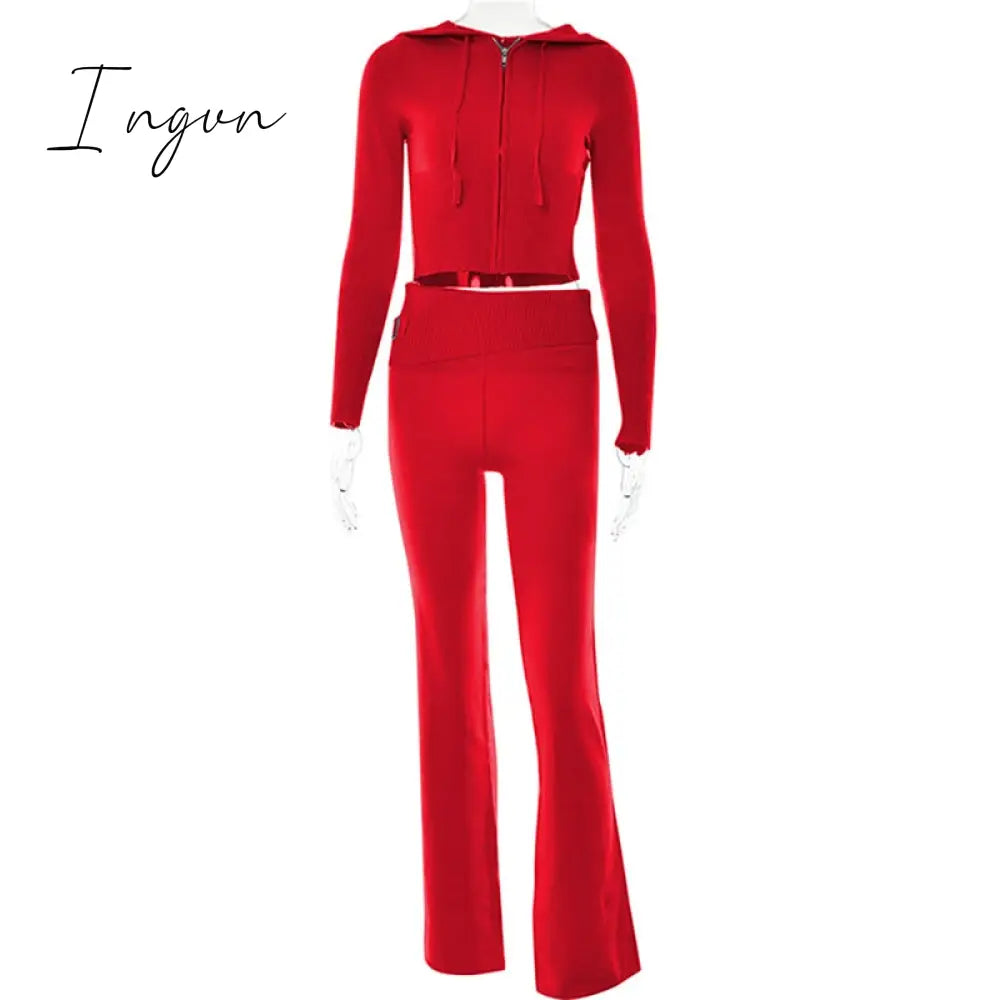 Ingvn - Zipper Lace-up Hoodies+Pant Sets 2023 Women Slim-fit Solid Cardigan Street Temperament Casual Femme Sweatshirt Suits