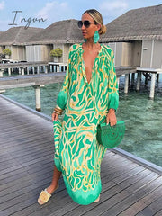Ingvn - V-neck Casual Loose Floral Print Long Sleeve Maxi Dress