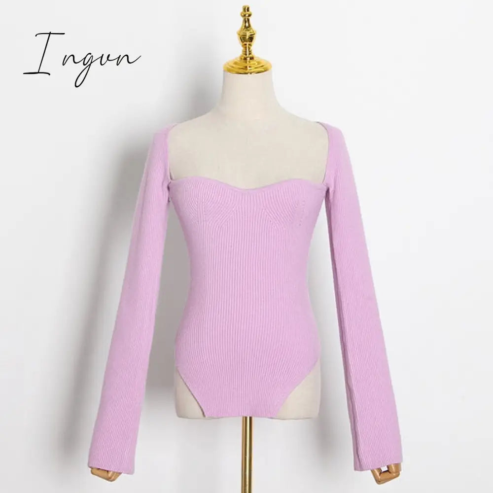 Ingvn - White Side Split Knitted Women's Sweater Square Collar Long Sleeve Sweaters Female Autumn Fashion New Clothes