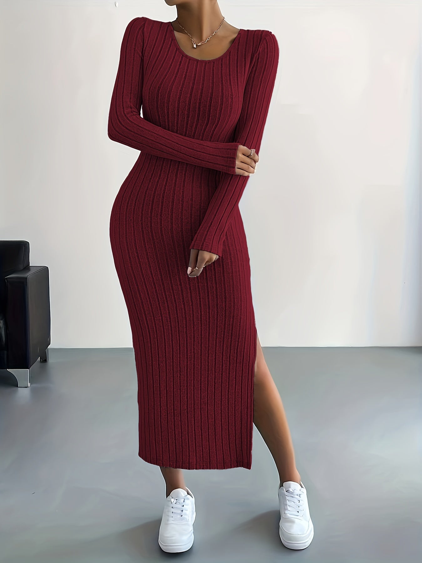 Long Sleeve Bodycon Ribbed Knit Dress - Sexy Crew Neck Split Thigh Slim Fit with Mid Elasticity - Machine Washable Polyester Fabric for Fall/Winter Season