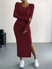 Long Sleeve Bodycon Ribbed Knit Dress - Sexy Crew Neck Split Thigh Slim Fit with Mid Elasticity - Machine Washable Polyester Fabric for Fall/Winter Season