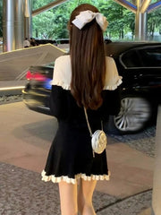 Autumn French Knitted Dresses for Women Elegant O-Neck Slim Ruffles Evening Party Mini Dress Female One Piece A-Line Vestidos
