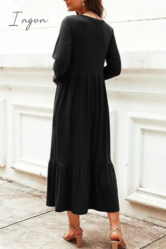 Ingvn - Casual Solid Patchwork Pocket O Neck A Line Dresses