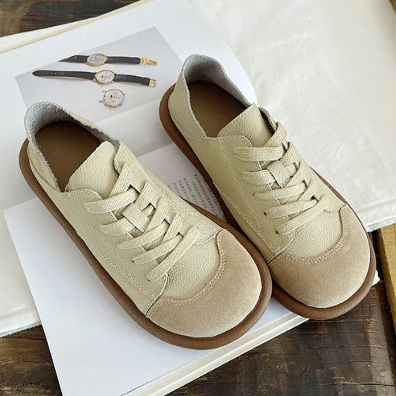 New Women's Shoes Flat Bottom Round Toe Flat Shoes Casual Lace Up Ladies Sneakers Mixed Color Soft Sole Beige Vulcanized Shoes