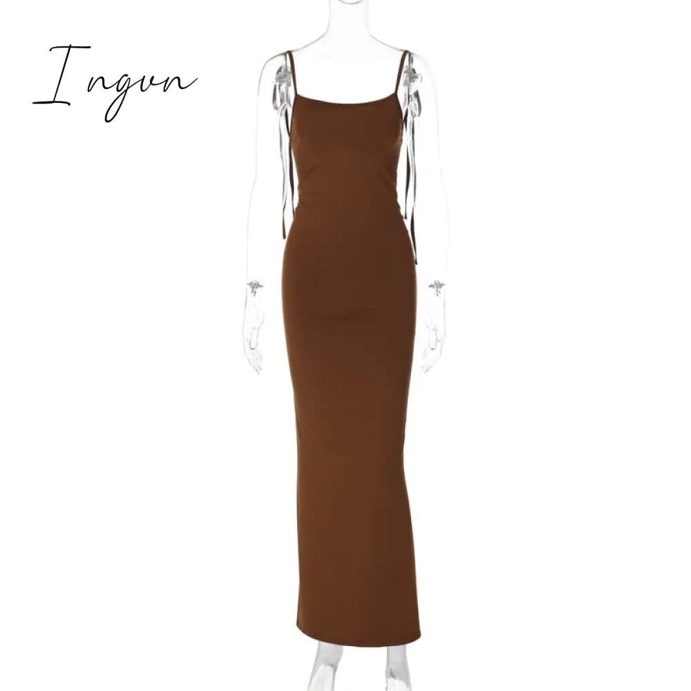 Ingvn - Elegant Spaghetti Strap Backless Pleated Maxi Dress Women Gown Summer New Sleeveless Bodycon Party Sexy Long Dress