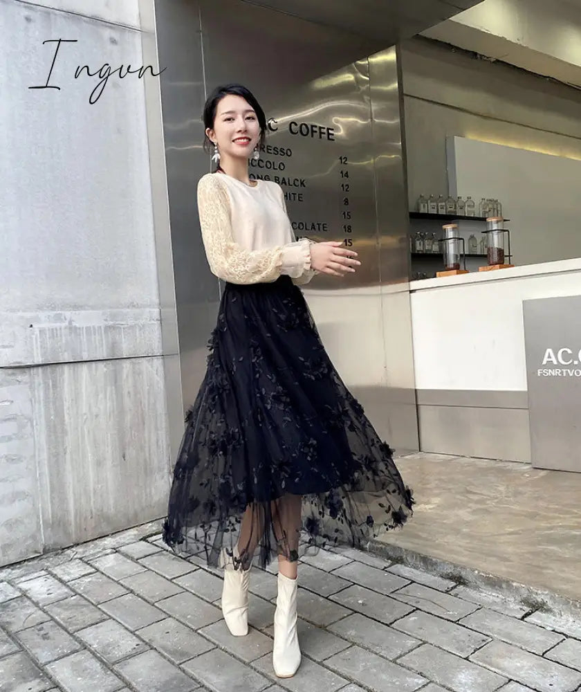 Ingvn - Luxury Woman Skirts Korean style Fashion Elastic Waist Appliques Embroidery Floral Mesh Skirt Long Gauze Ball Gown Skirt