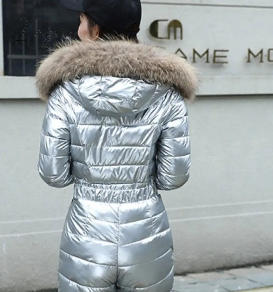Ingvn - One Piece Ski Suit Women Jackets Winter Hooded Parka Jumpsuit Women Cotton bodysuit Sashes Jumpsuits Zipper Overalls Tracksuits