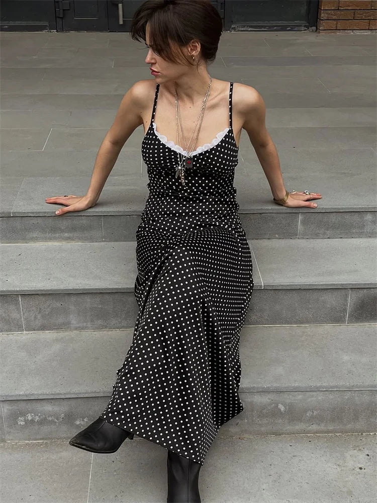 Lace Patchwork Printed Long Dress For Women Summer Slim Fashion V-Neck Spaghetti Backless Dress Female Halter Dresses