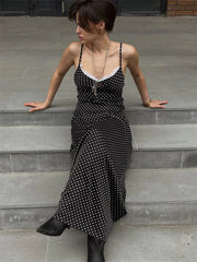 Lace Patchwork Printed Long Dress For Women Summer Slim Fashion V-Neck Spaghetti Backless Dress Female Halter Dresses