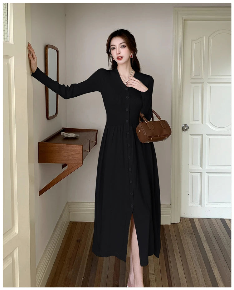 Autumn Vintage Knitted Dress for Women Elegant Single Breasted V-Neck Long Sleeves A-Line Party Dresses Slim Waist Vestidos New