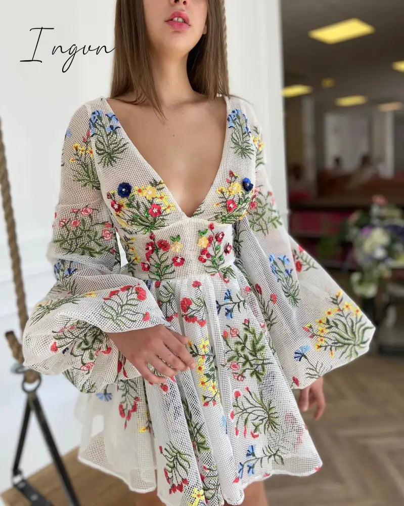 Ingvn - Women's Dress Spring Mesh Floral Embroidery Sexy V-Neck Dresses Cute Lantern Sleeve Mini Dress