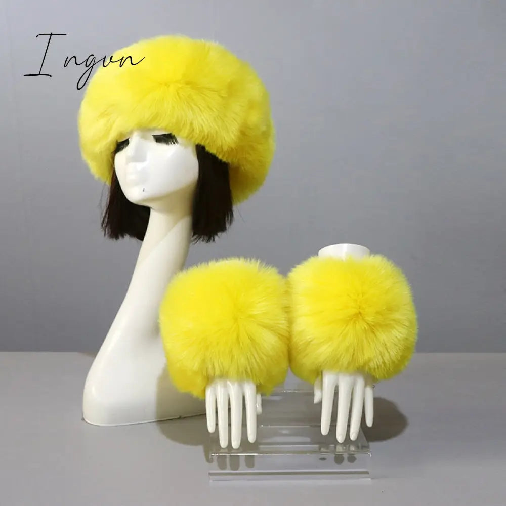 Ingvn - New Autumn Winter Caps Female Hats Cuffs Set Fashion Warmth Imitation Quality Design Faux Fur Hat Fox Fur Sleeves Suit Accessary