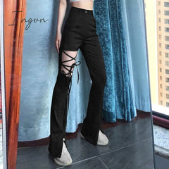 Ingvn - Rosetic Lace Up Casual Cargo Pants Women Buckle Gothic Punk Rock Dark Black Pantalons High Waist Pants Plus Size Trousers S-5XL