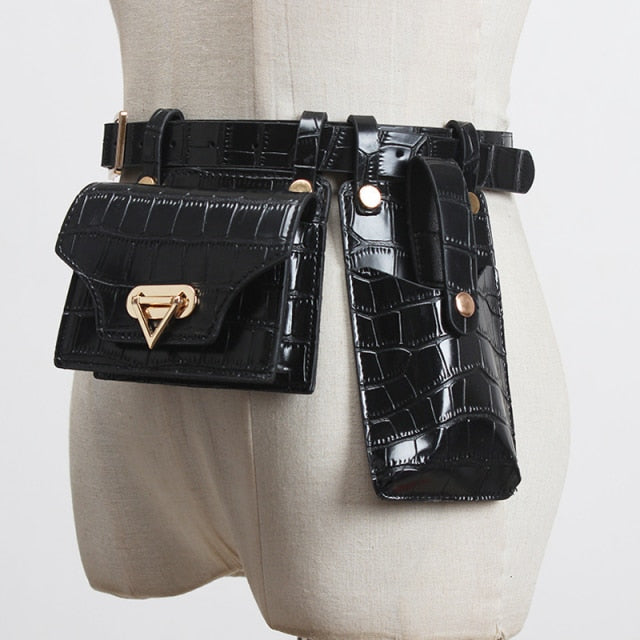 2 Piece Women's Belt Bag Luxury Designer Tactical Waist Bags Female Leather Flap Fanny Pack Shoulder Crossbody Chest Bag Purse