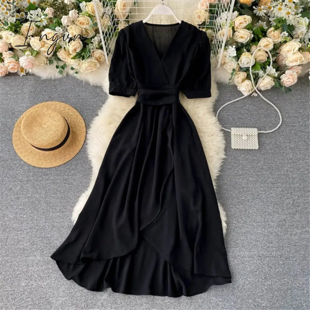 Ingvn - Women Summer Midi French Dress Sweet V-Neck Puff Sleeve High Waist Elegant Solid Woman Dresses Female Clothing New Year