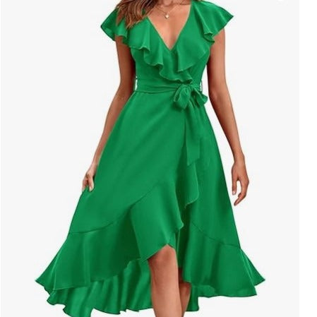 new V-neck short sleeve ruffled long temperament lace-up dress