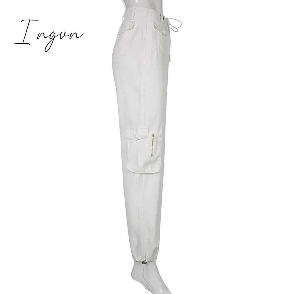 Ingvn - Women Spring Fashion Multi Pockets White Cargo Pants Women Adjustable Low Waist Baggy Wide Leg Jeans Oversized Casual Trousers Retro Bottoms Iamhotty