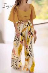 Sexy Vacation Floral Patchwork V Neck Short Sleeve Two Pieces