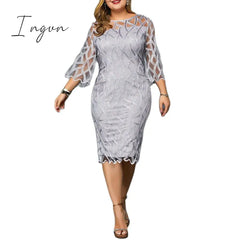 Ingvn - Summer Women Lace Slim Patchwork Party Dress Office Ladies Round Neck Flare Sleeve Stretch Bodycon Plus Size Dresses
