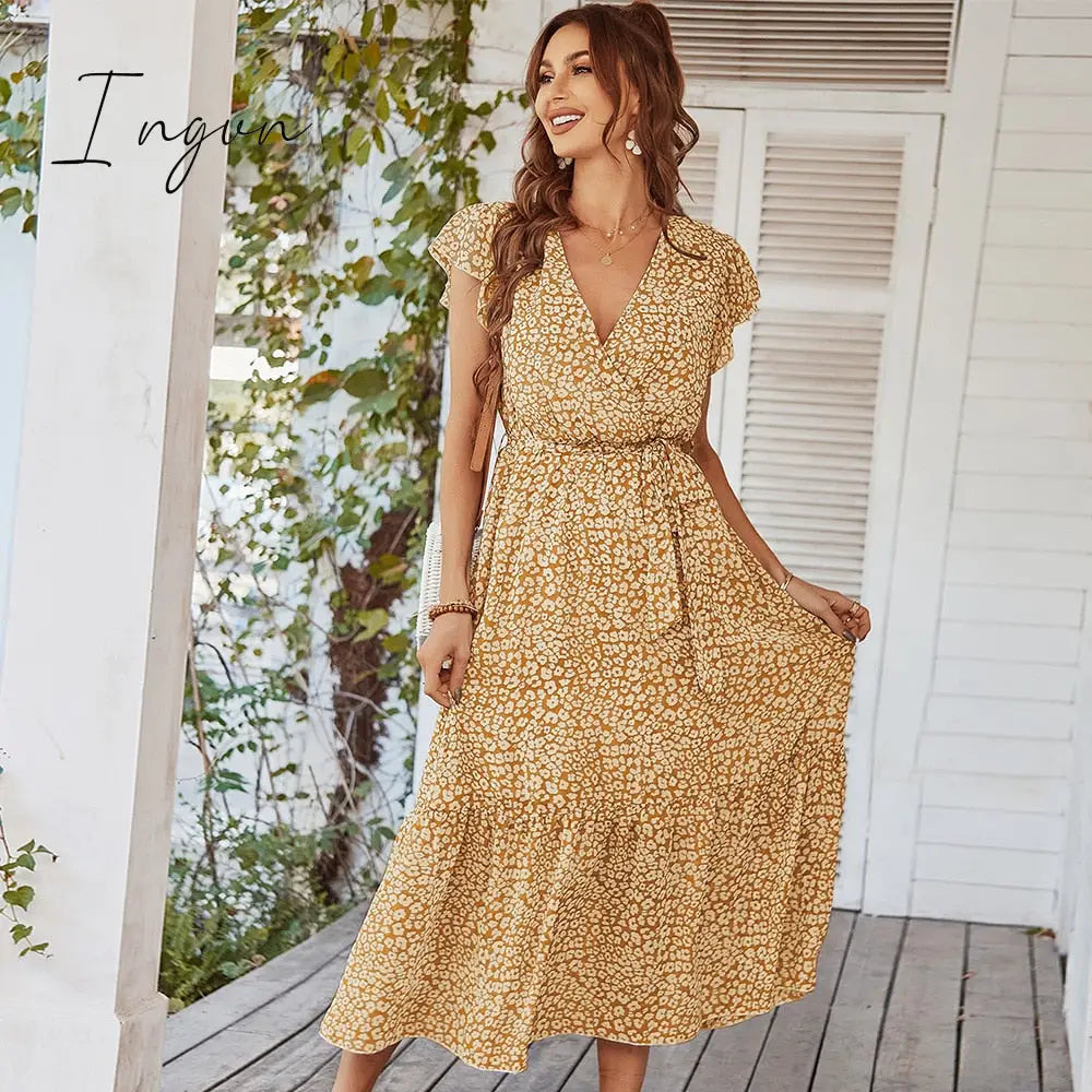 Ingvn - Ladies Vintage Print Chiffon Dress Women Casual Ruffles Long Bohemian Party Beach Summer Dress Women Sundress Female Vestidos