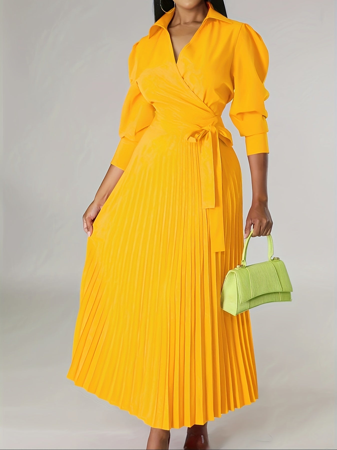 Solid Pleated Dress, Elegant Knotted V Neck 3/4 Sleeve Dress, Women's Clothing