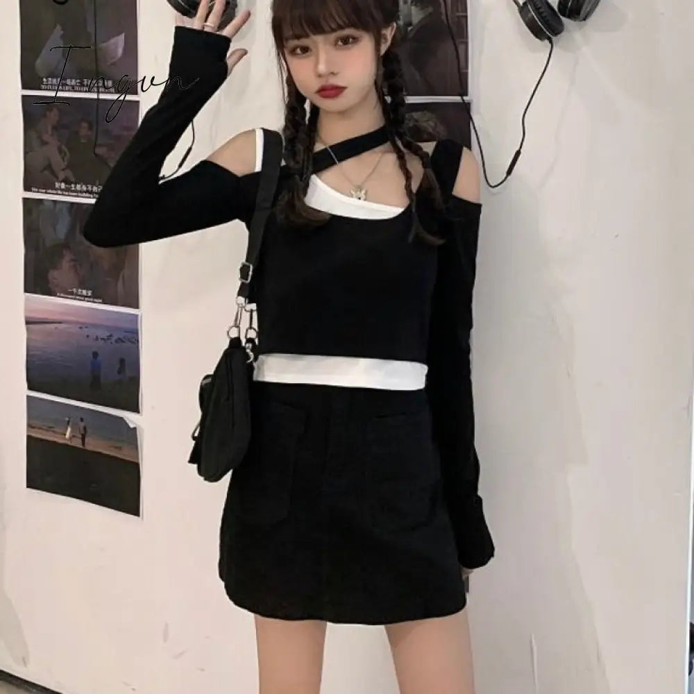 Ingvn - 2023 Shirts for Women Korean Woman Tshirts Chic Fake Two Long Sleeve Off Shoulder Tees Tops Harajuku Black Y2k T-shirt