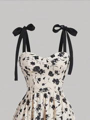 [Chic Midi V-Neck Floral Dress] Women'S Elegant V-Neck Floral Print Dress with Tie Straps, Polyester Knit Fabric, A-Line Silhouette, All-Season Chic Midi Dress for Adult