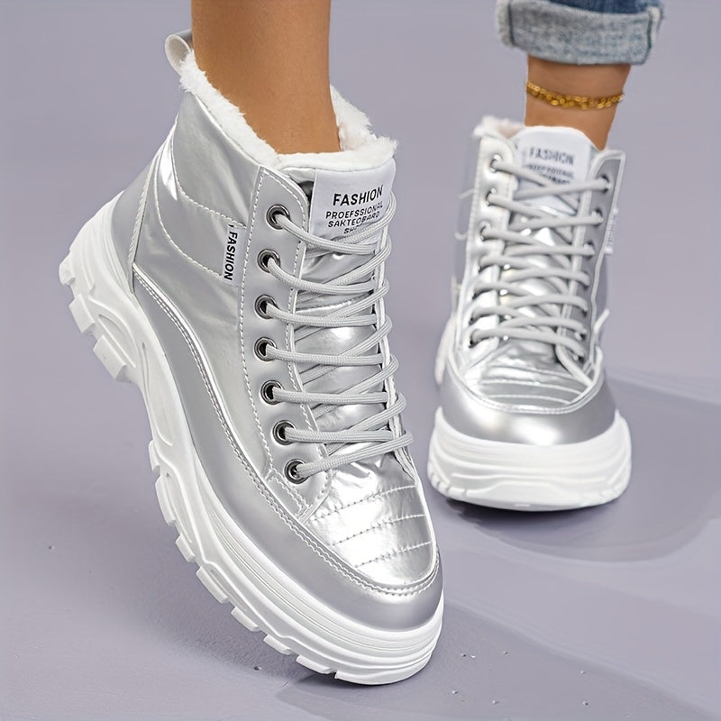 Women'S Winter Thickened Snow Boots High Top Platform Ankle Boots with Warm Fleece Lining, Solid Color, Round Toe, Low Heel, Fabric Insole, Polyurethane PU, Rubber Sole, Hand Washable