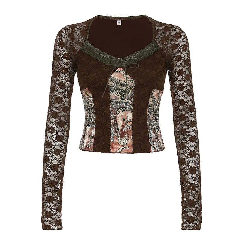Brown Transparent Lace Sleeve Crop Top Grunge y2k Floral Print Square Collar T-shirt Women Retro Shirt Vintage 2000s Tees