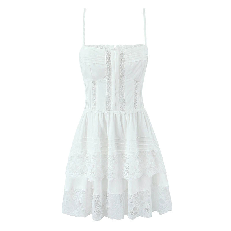 Sexy Sweet Women Lace Spliced White Sling Mini Dress Layers Cake Hem A-line Short Summer Dress Holiday Robe Cotton