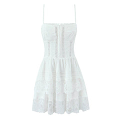 Sexy Sweet Women Lace Spliced White Sling Mini Dress Layers Cake Hem A-line Short Summer Dress Holiday Robe Cotton