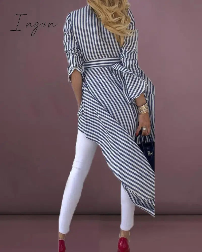 Ingvn - High Street Women Stripe Shirts Long Sleeve V-neck Loose Tops Blouse Striped Tied Front Dip Hem Shirt With Belt Long Shirts