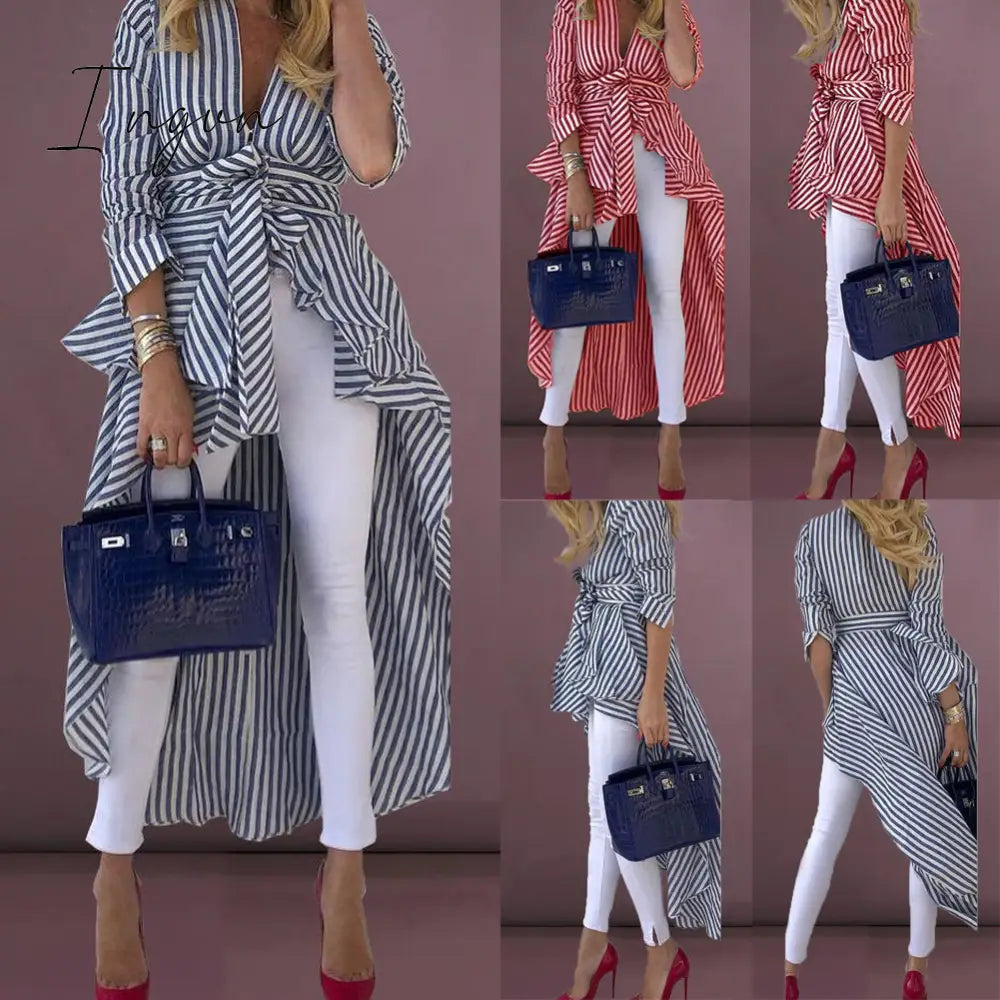 Ingvn - High Street Women Stripe Shirts Long Sleeve V-neck Loose Tops Blouse Striped Tied Front Dip Hem Shirt With Belt Long Shirts