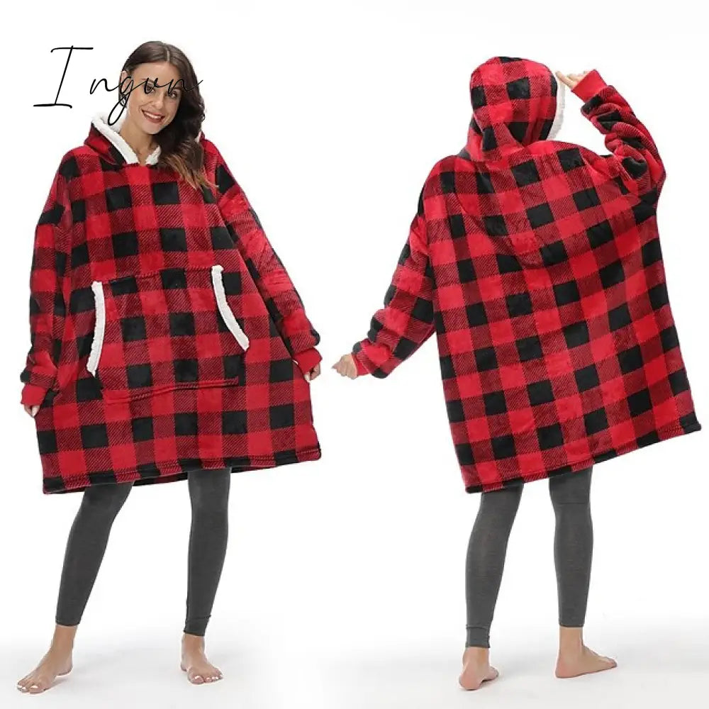 Ingvn - Women‘s Couple‘s Pajamas Nightgown Hoodie Blanket Wearable Blanket Christmas Grid / Plaid Pure Color Plush Simple Comfort Home Party Fleece Warm Gift Patchwork Pocket Fall Winter Black Gray