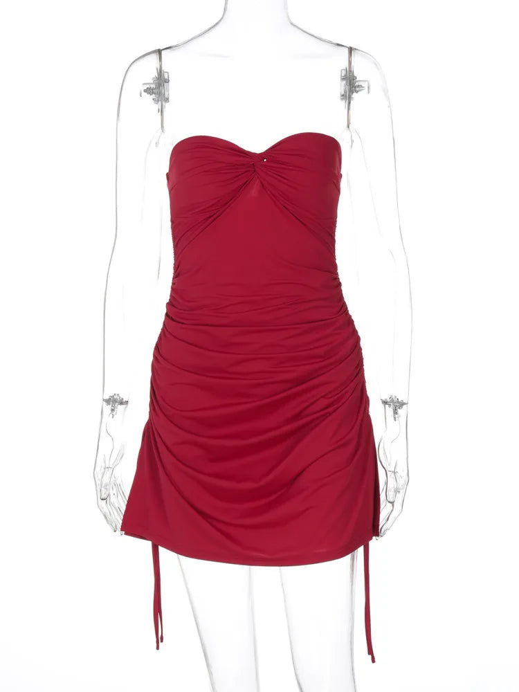 Off-shoulder Backless Sexy Mini Dress For Women Red Strapless Sleeveless Lace-up Ruched Bodycon Club Dress Elegant