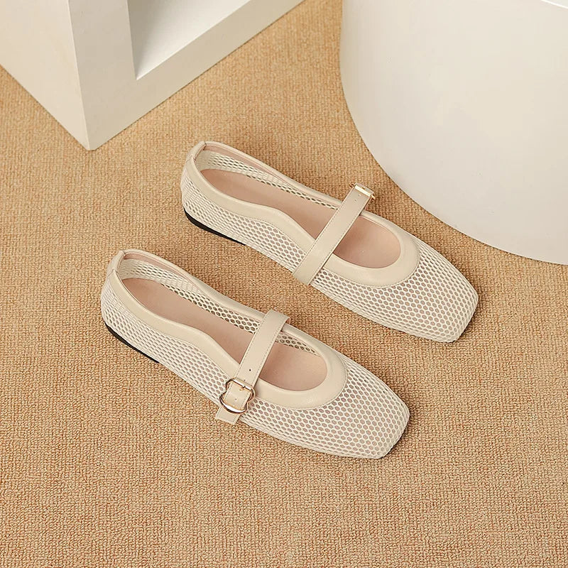 Fashion Square Toe Mesh Ballet Flats Buckle Strap Mary Janes Breathable Hollow Out Single Shoes Female Flat Bottom Casual Shoes