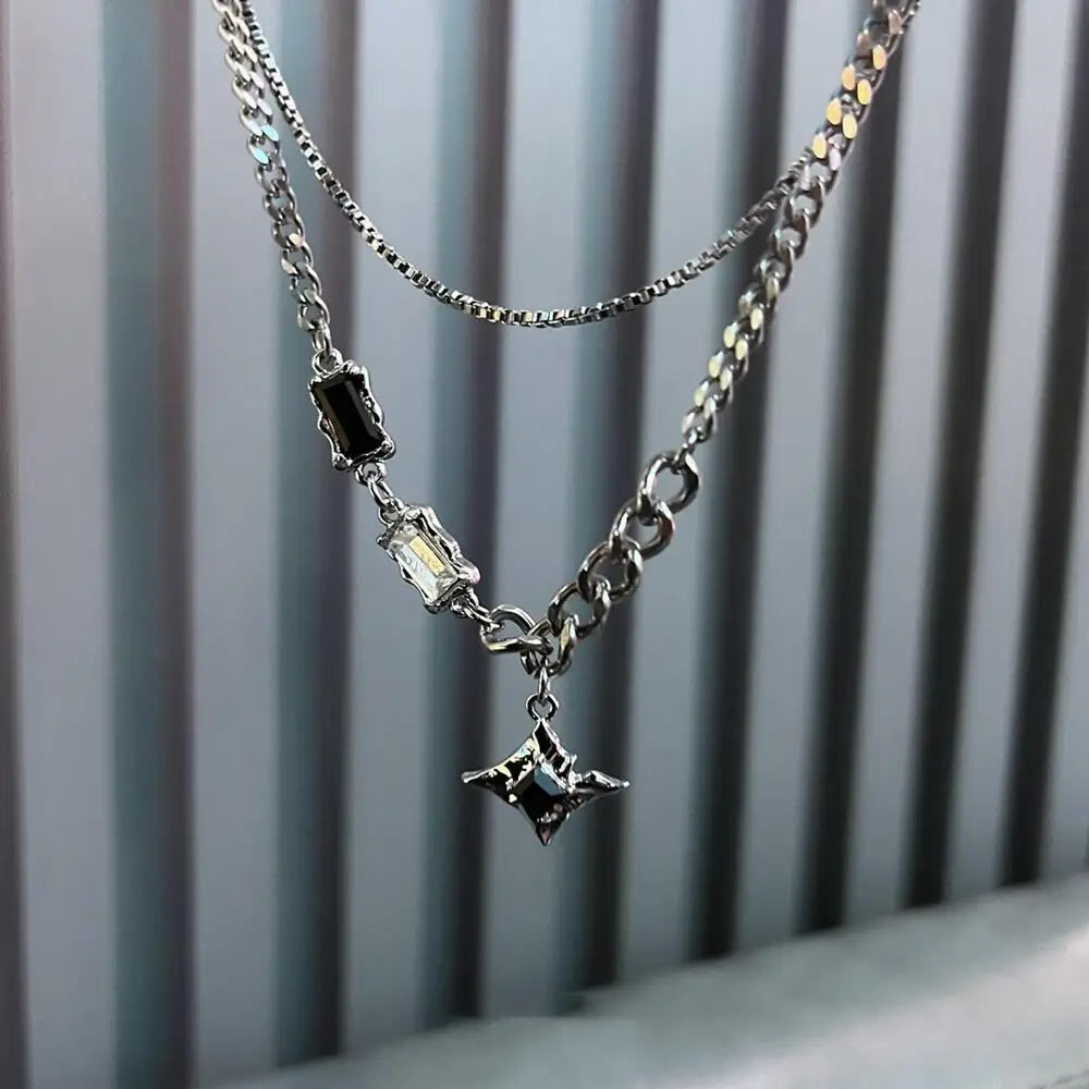 INGVN  Hip Hop Zircon Star Double Layer Necklace For Men Women Trend Charm Titanium Steel Pendant Chain Unisex Jewelry