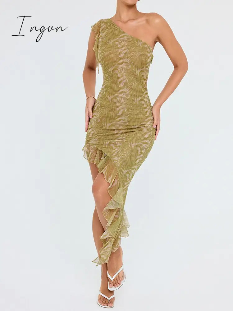 Ingvn - Elegant Ruffle Print Midi Dress For Women Diagonal Collar Sleeveless Backless Irregular Club Party Sexy Dress Vestidos
